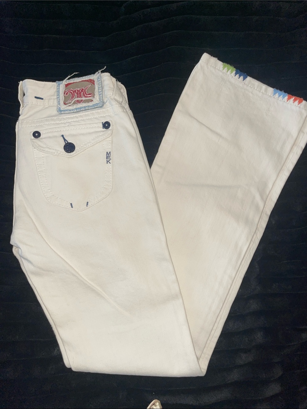 Vintage MEK White Straight-Leg Women’s Jeans with Multicolor Hem Stitching
